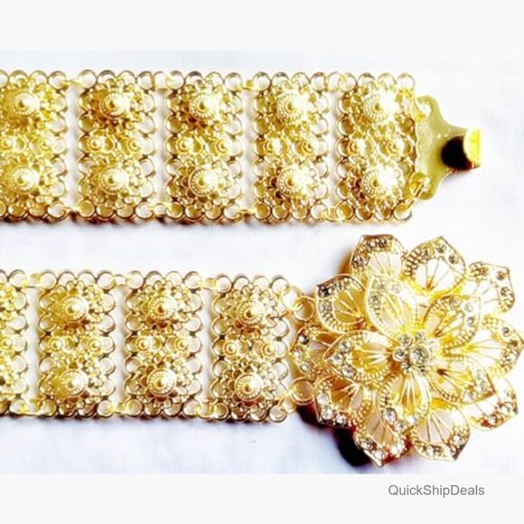 Gold Plate Metal Belt with White Stones, Adjustable 40 Inches, Traditional Thai